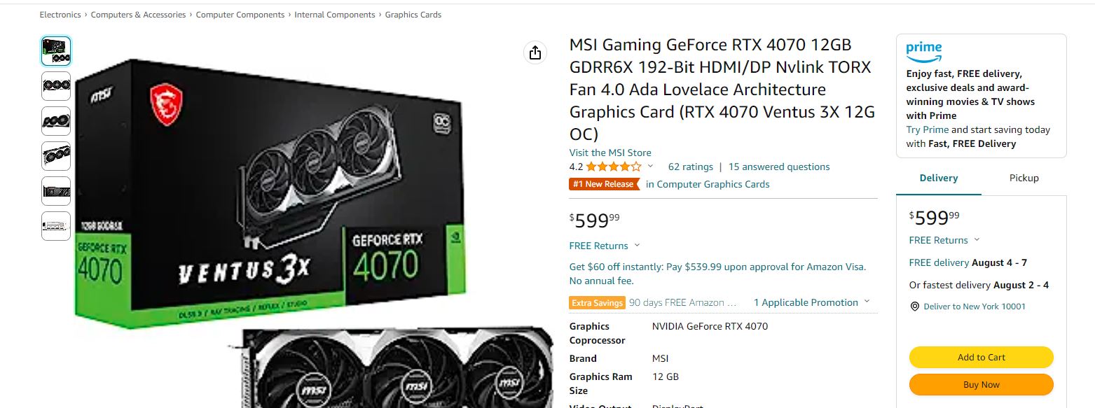 MSI GeForce RTX 4070 $540