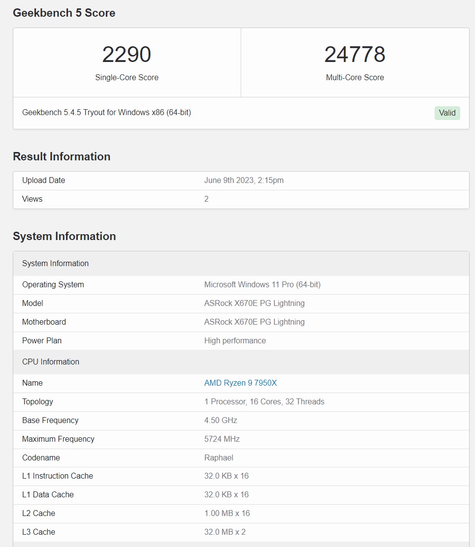  Ryzen 9 7950X single core and multi core score