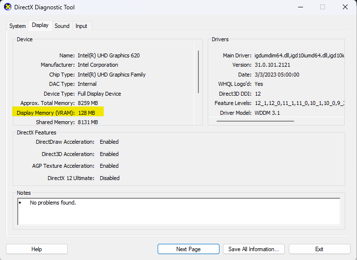 A snippet of DirectX Diagnostic Tool to check VRAM