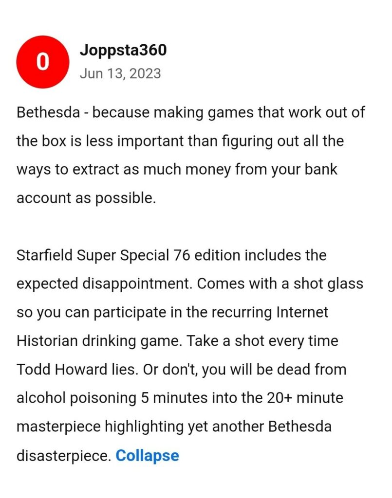 Starfield Negative Review Metacritic
