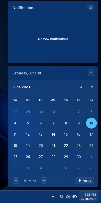 Windows 11 Notifications and Calendar