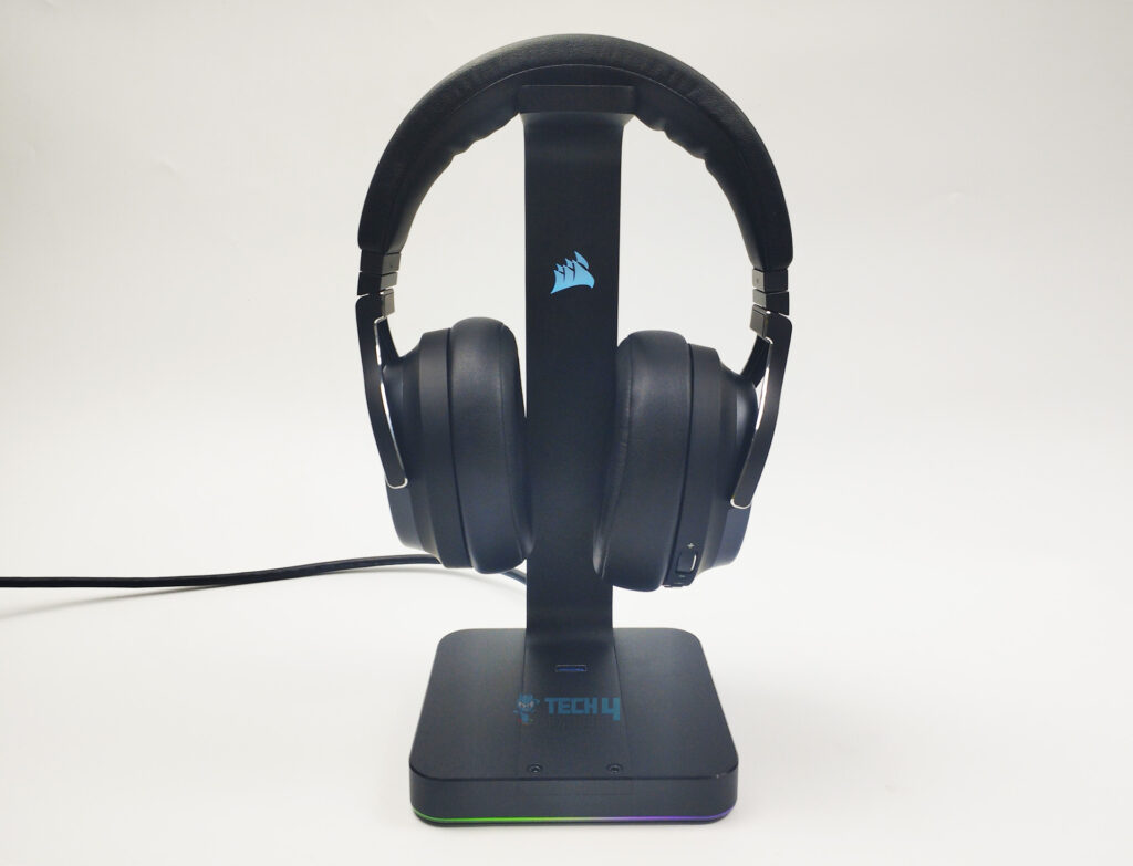 Corsair ST100 RGB Headstand With Corsair Virtuoso XT Wireless Front