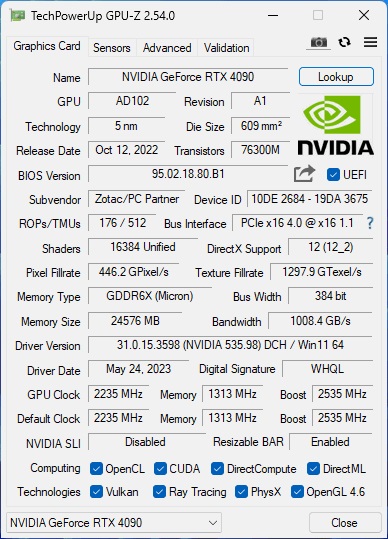 ZOTAC GeForce RTX 4090 Trinity OC GPU-Z