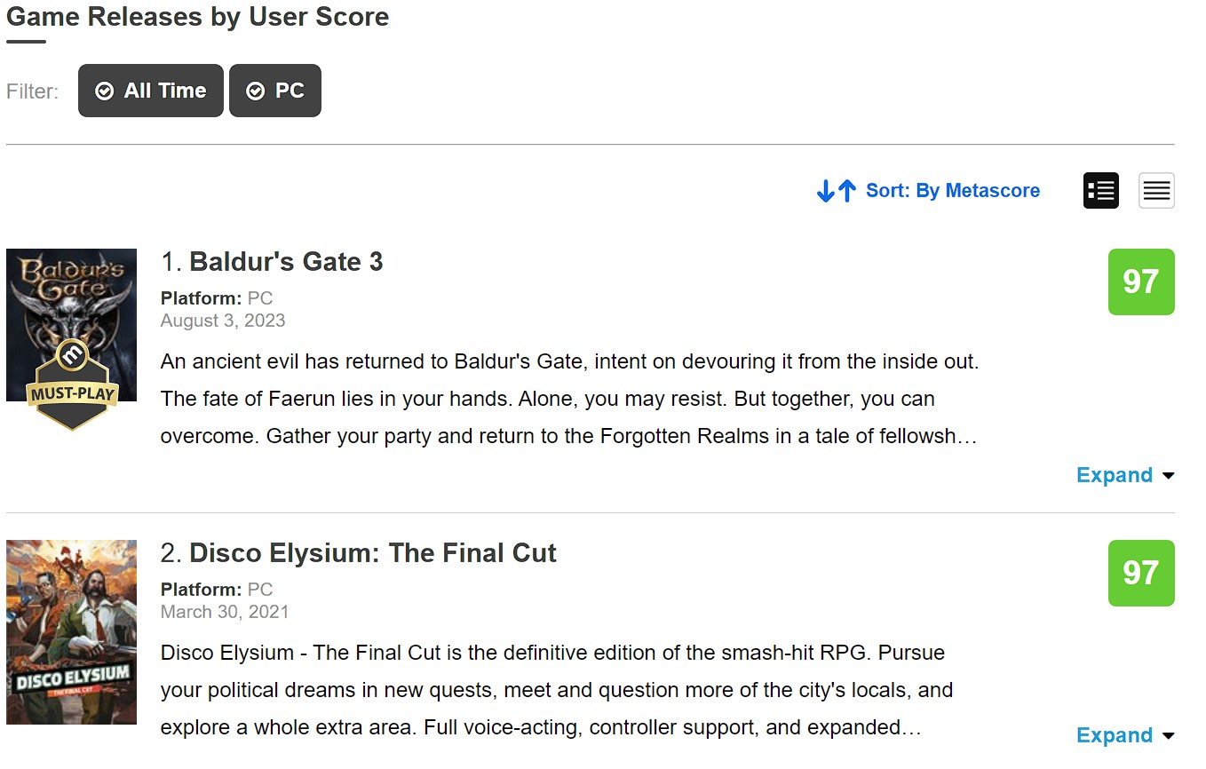Highest-Rated PC Game On Metacritic Baldur's Gate 3
