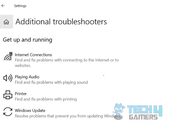 image of Additional Troubleshooters in windows 