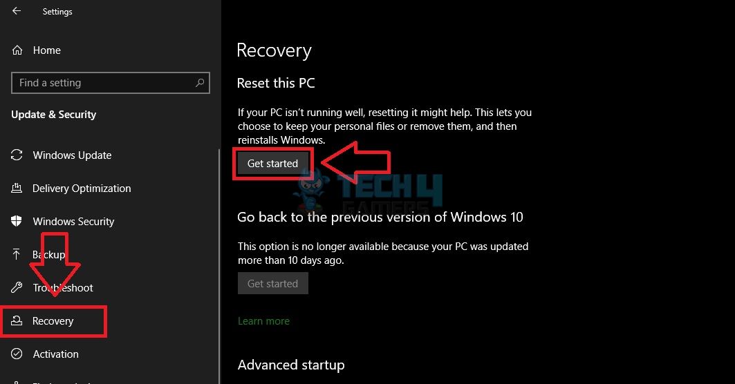 Reset PC through Recovery and click on Get Satrted.