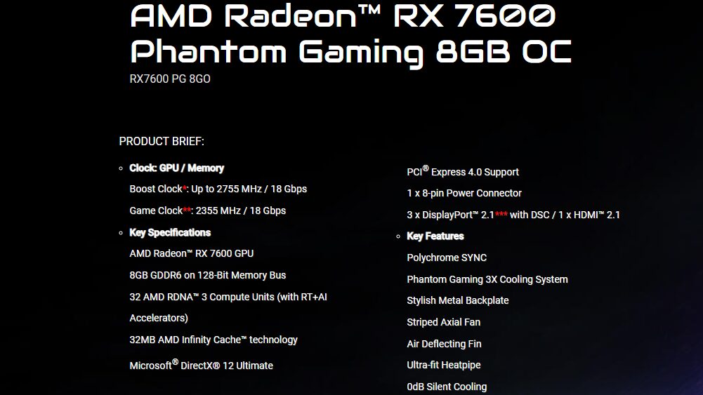 AMD Radeon RX 7600 Phantom Gaming OC Specifications and features
