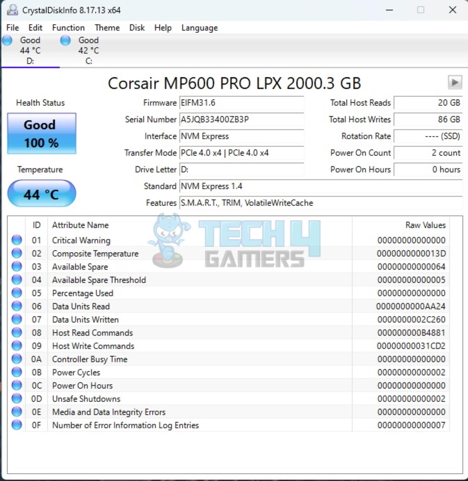 CORSAIR MP600 PRO LPX 2TB NVMe SSD — CrystalDiskInfo