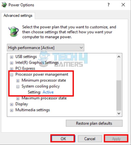 Change system cooling policy settings to control case fan speed