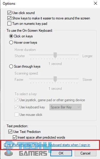 Options menu of on-screen keyboard
