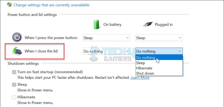 For the On battery and Plugged-in options, choose Do Nothing.