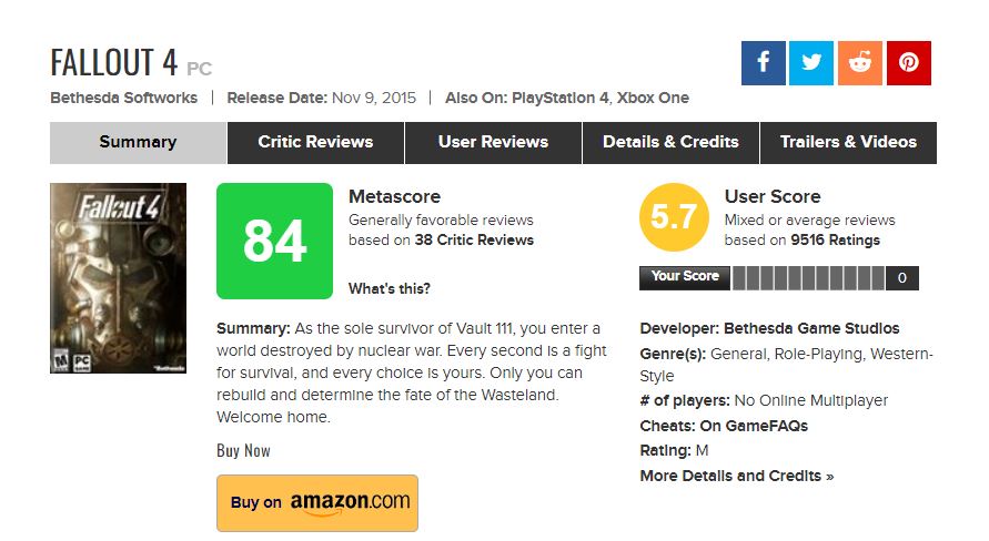 Starfield's Metacritic score lower than fans expected, still better than  Fallout 4