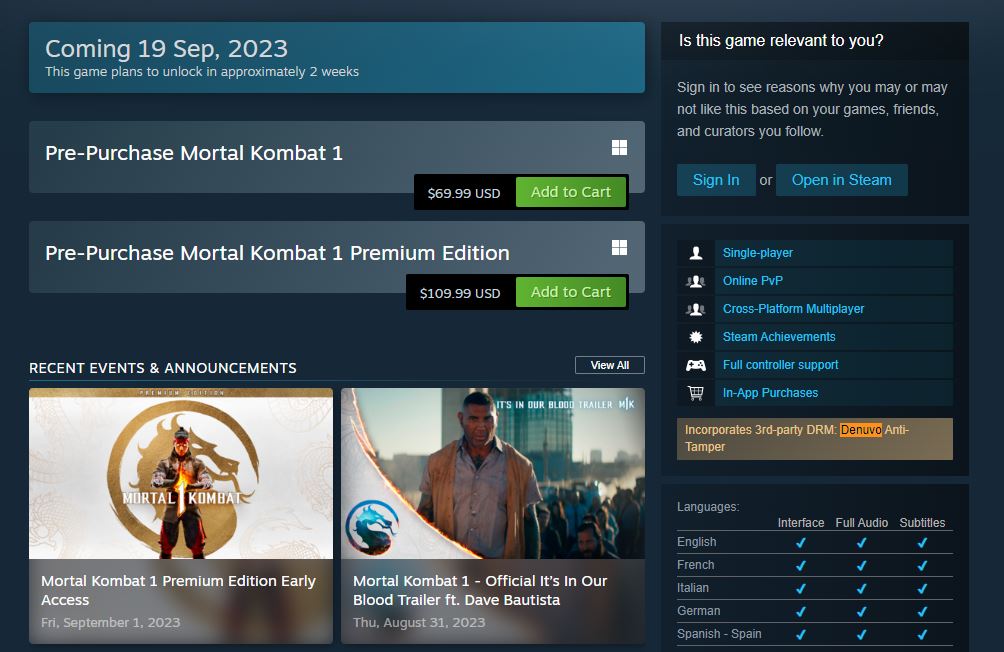 Denuvo Alerts on X: Mortal Kombat 1 was shown today and launches September  19th 2023 As of right now the steam page has no indication of Denuvo UNLIKE  Sega's new game shown