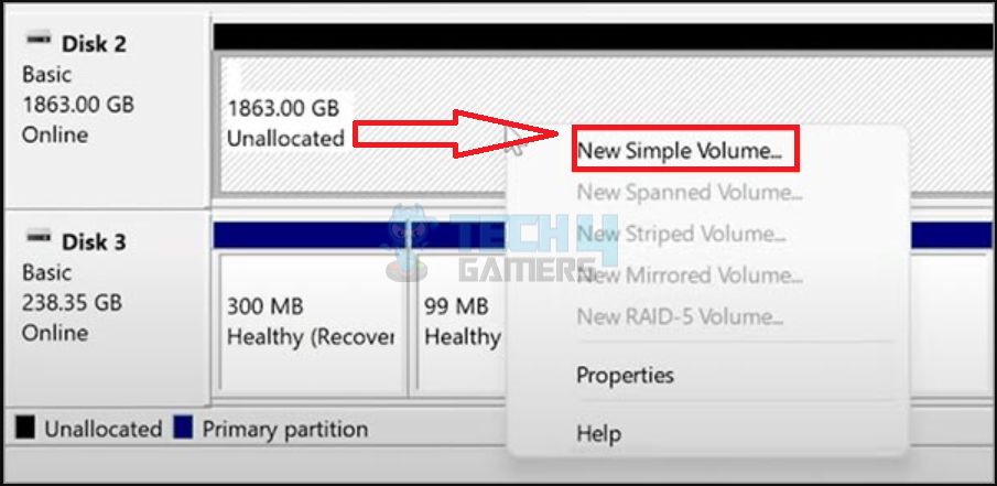 Select The New Simple Volume Option For The Unallocated Disk
