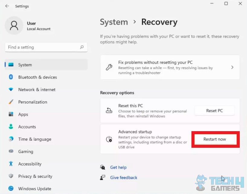 Restarting via system recovery settings