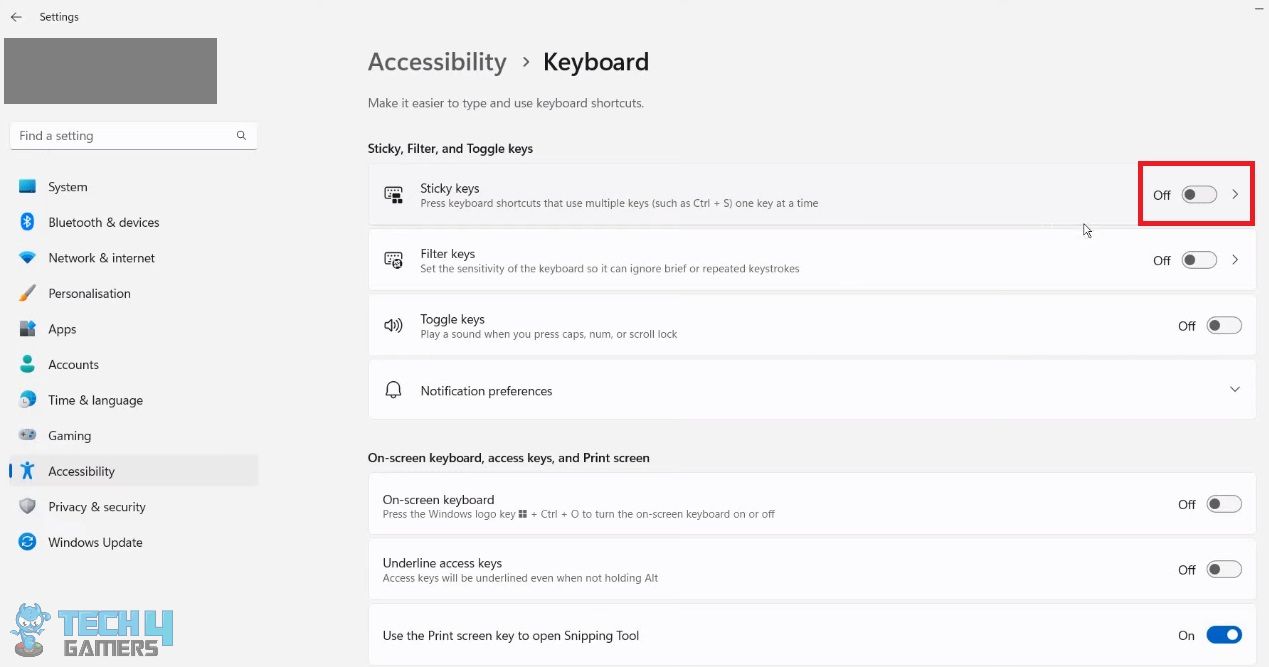Keyboard settings in Accessibility Settings