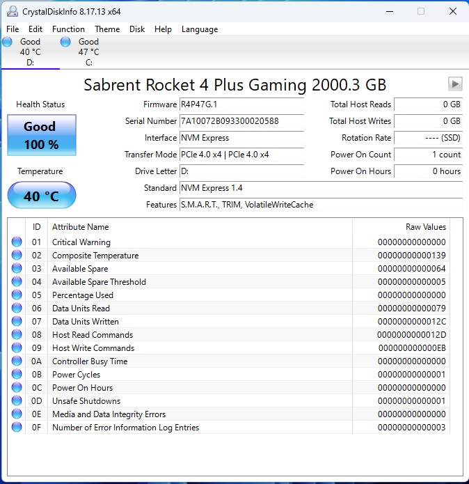 Sabrent Rocket 4 Plus G 2TB NVMe SSD — CrystalDiskInfo