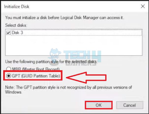 Select Partition Style Under Initialize Disk Window