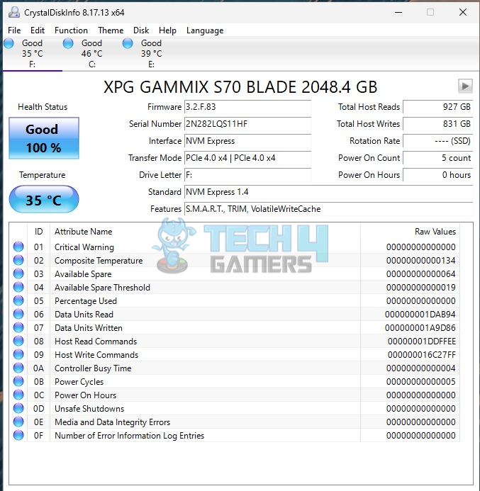 XPG GAMMIX S70 BLADE 2TB NVMe SSD — CrystalDiskInfo