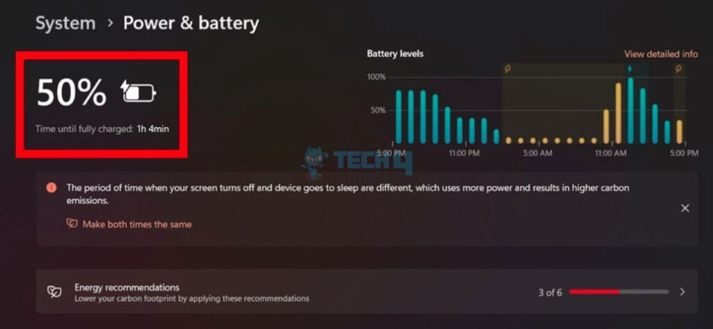 battery percentage in Windows 11 Settings.