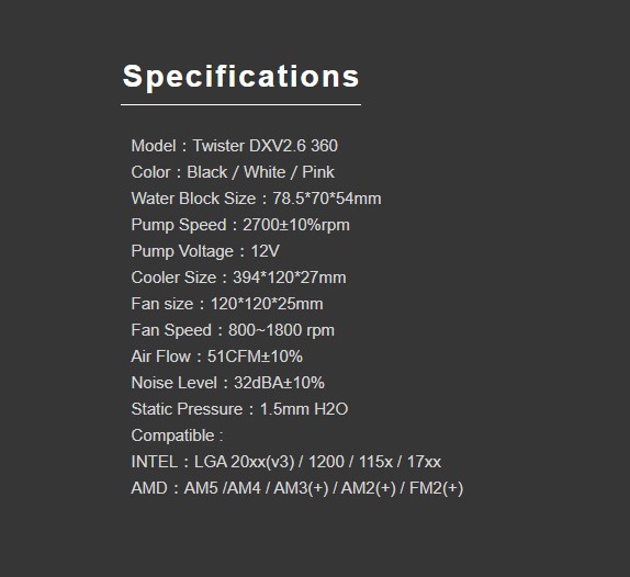 darkFlash Twister DX360 White Liquid Cooler — darkFlash Twister 2.6 DX360 White Specifications
