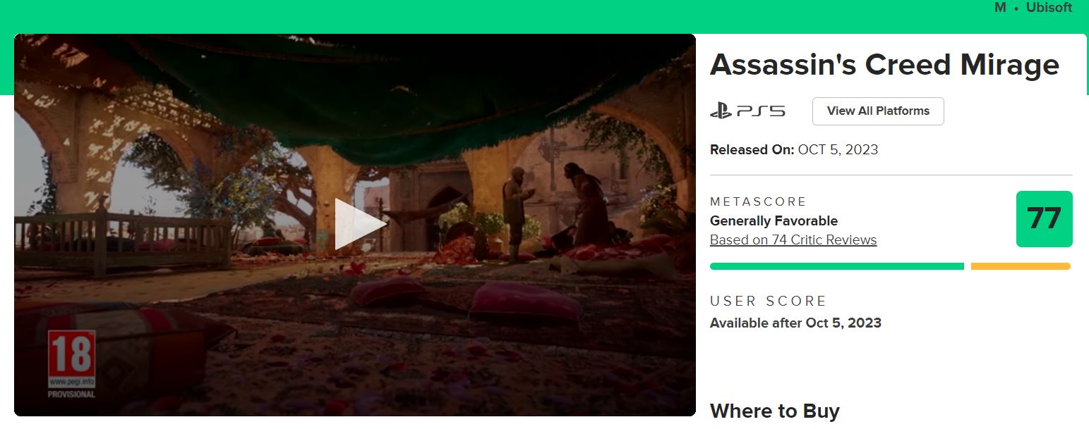 Assassin's Creed Mirage Metacritic Score Ranks Game Beneath