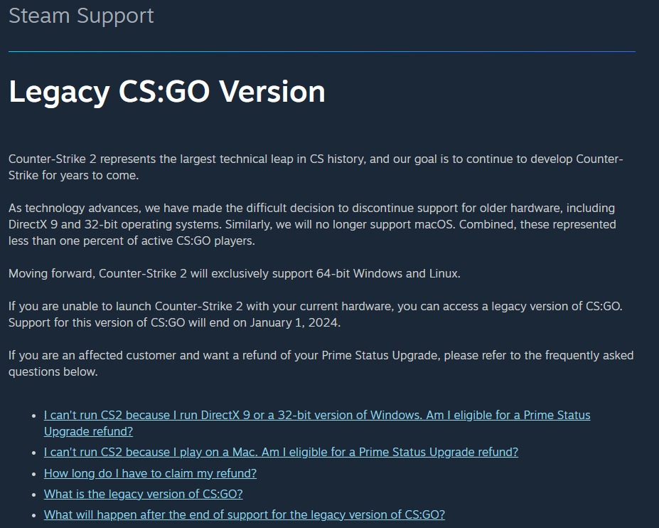 CS:2 steam support FAQ