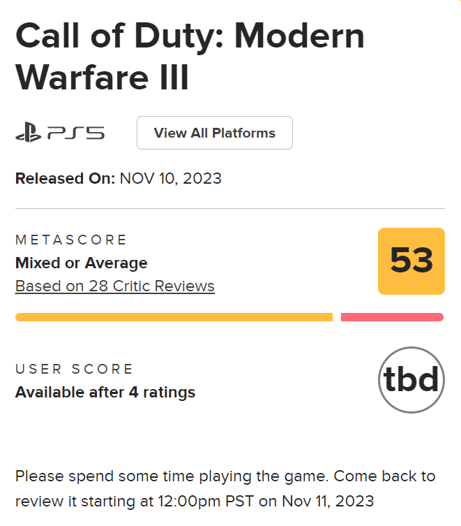 Call of Duty Modern Warfare 3 Metacritic