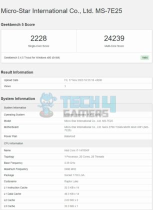 MSI Z790 Tomahawk MAX WiFi - GeekBench 5.4.5 Benchmark