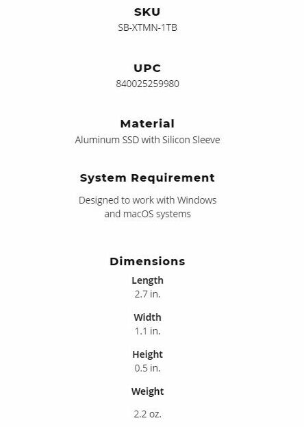 Sabrent Rocket NANO XTRM 1TB Portable Drive — Specifications e170007069911