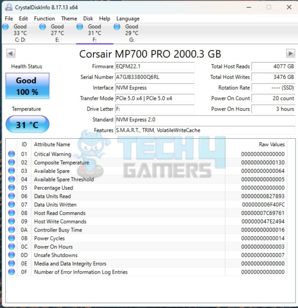 CORSAIR MP700 PRO 2TB Gen5 NVMe SSD — CrystalDiskInfo 991x102