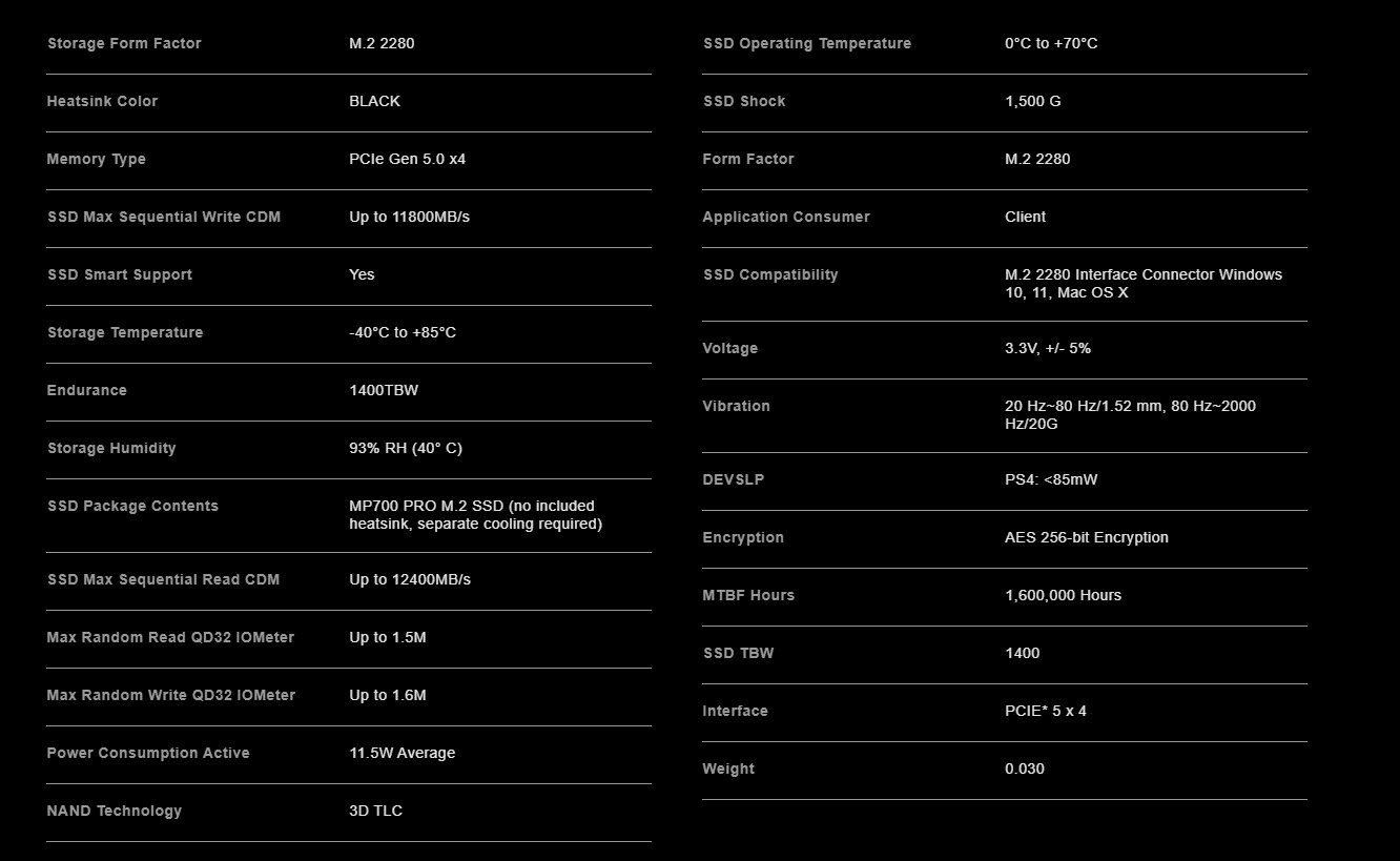 CORSAIR MP700 PRO 2TB Gen5 NVMe SSD — Specifications