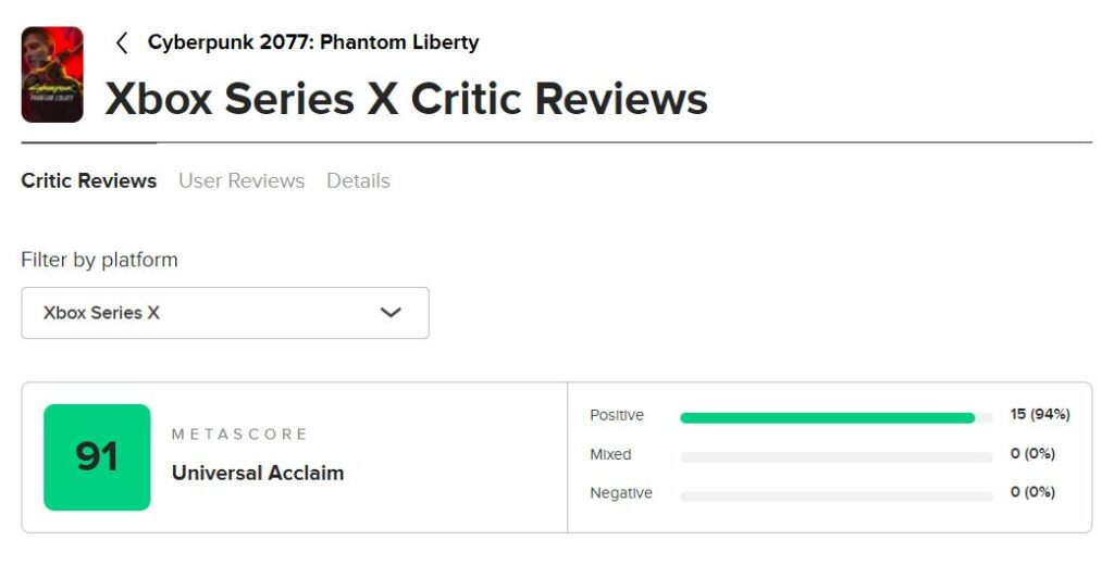 Cyberpunk 2077 Phantom Liberty Xbox Series S|X Metacritic