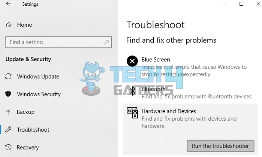 Go to Update & Security section and hit the Hardware and Devices troubleshooter.