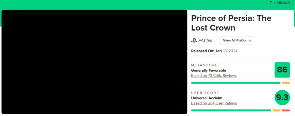 Prince of Persia: The Lost Crown Metacritic 9.3 User Score