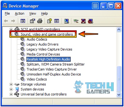 Device manager sound settings