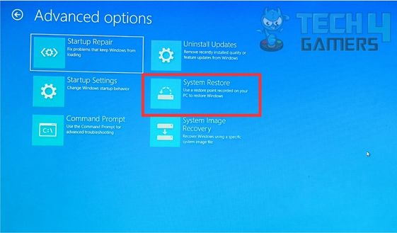 advanced options highlighting system restore in Windows RE