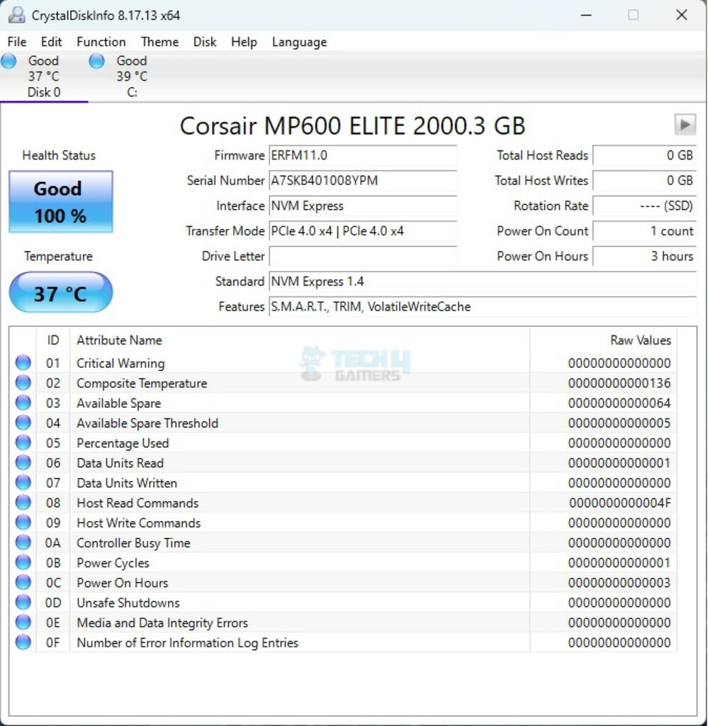CORSAIR MP600 Elite 2TB NVMe SSD — CrystalDiskInfo 999x102