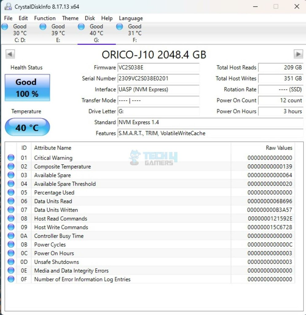 ORICO M.2 SSD Enclosure and J10 2TB SSD — CrystalDiskInfo 996x102
