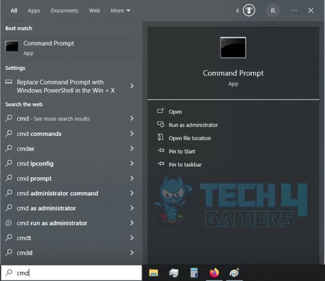 Windows Search Bar showing Command Prompt when cmd is typed.
