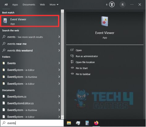 Windows Search Bar will show Event Viewer when event is searched