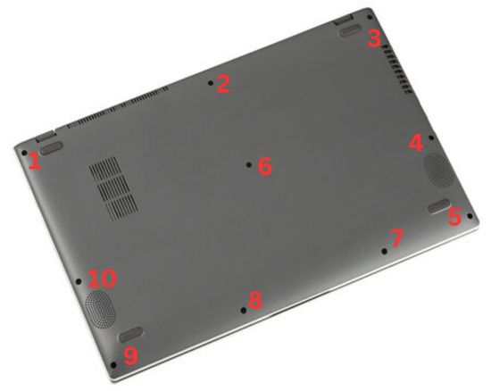 Back of a laptop, highlighting to unscrew all screws to reveal Intel Wireless AC 9462 Network Card