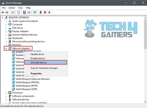 device manager highlighting uninstall driver for the intel wireless ac 9462 
