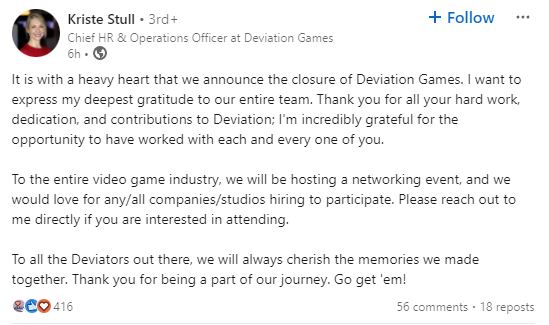Deviation Games Shut Down - LinkedIn Post