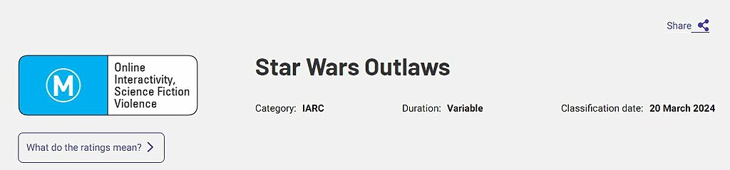 Star Wars Outlaws Australian Classification Board Rating
