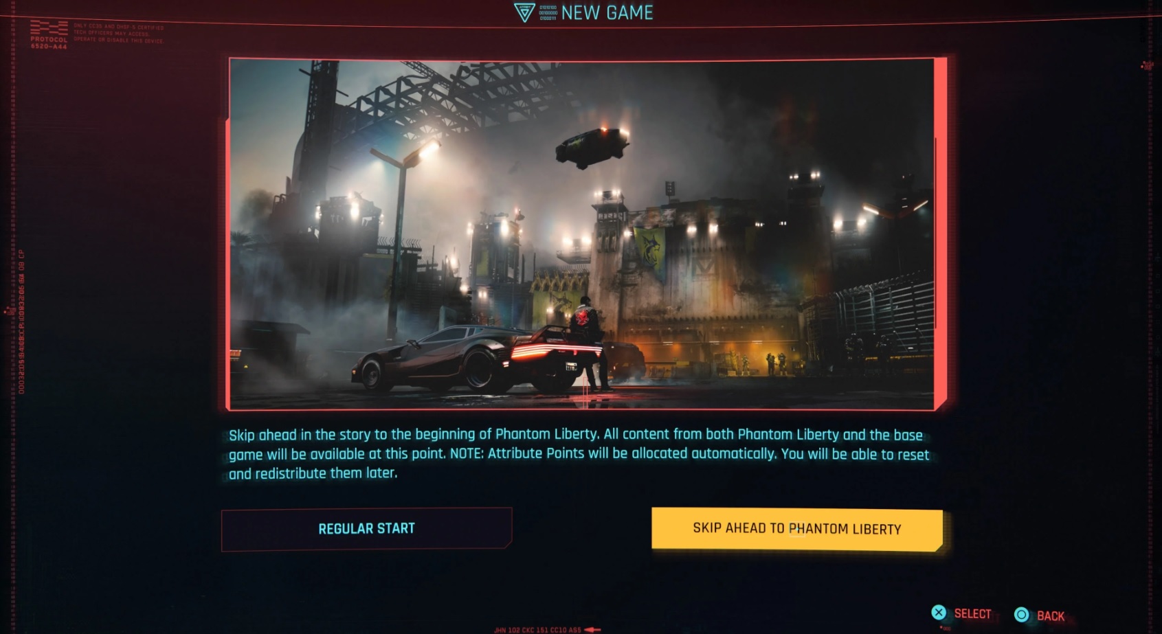 Cyberpunk newgame screen