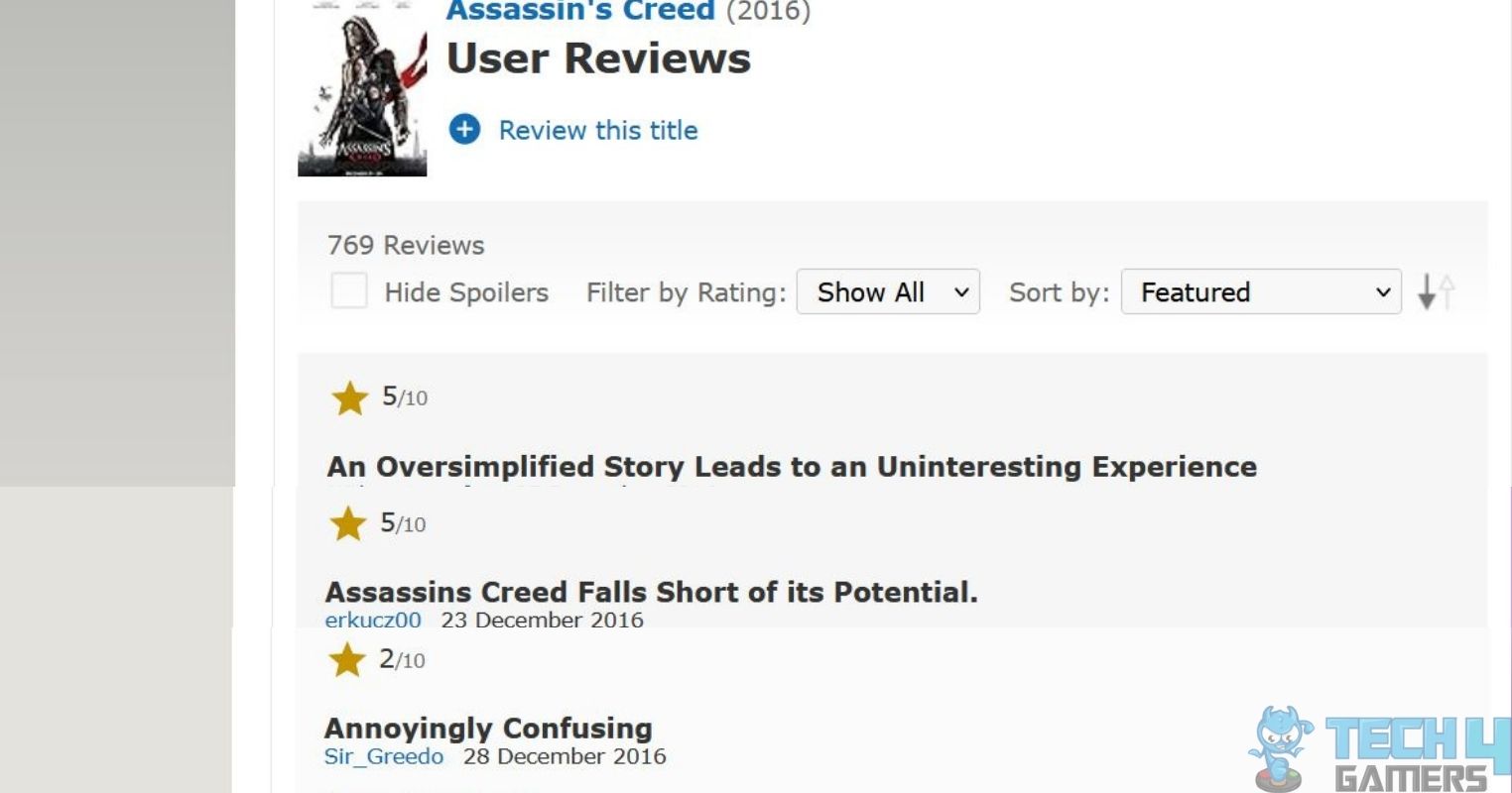Some Low Rated Reviews On The 2016 Assassin's Creed Movie