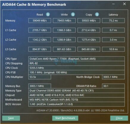 MSI MPG X670E Carbon WiFi - AIDA64 CPU and Memory Benchmark