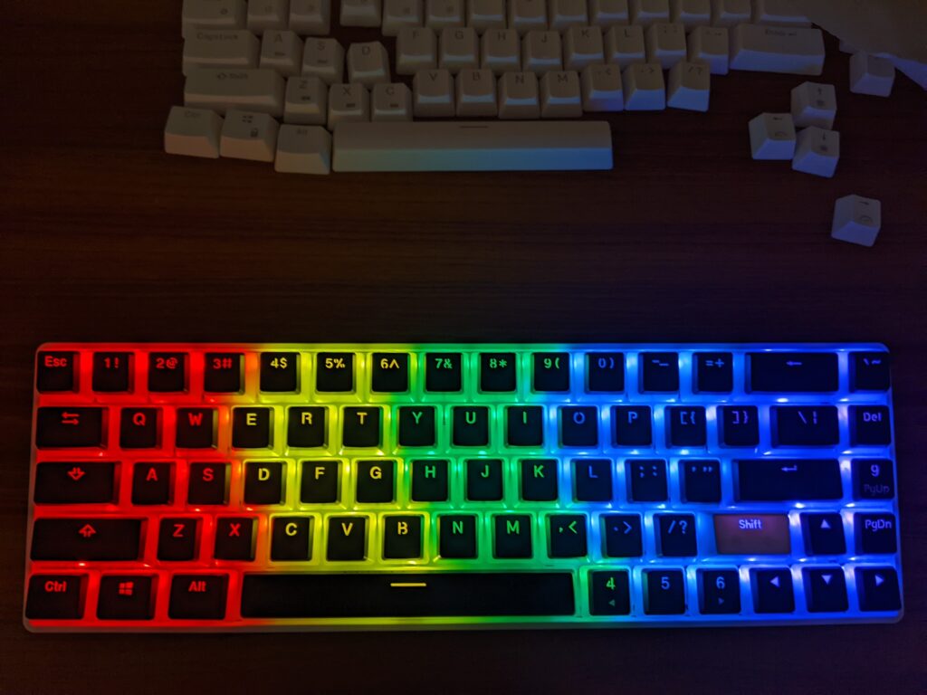 Making the switch from the stock ABS keycaps to the Scarab's PBT Pudding keycaps. Zero to hero.