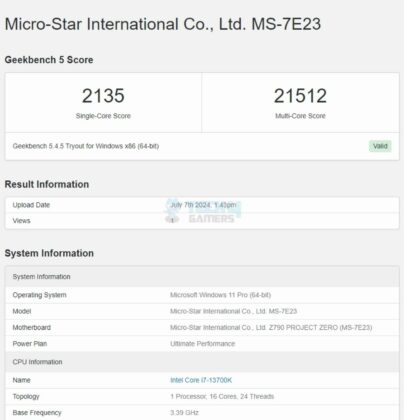 MSI Z790 Project Zero - Test Result - Geekbench 5.4.5